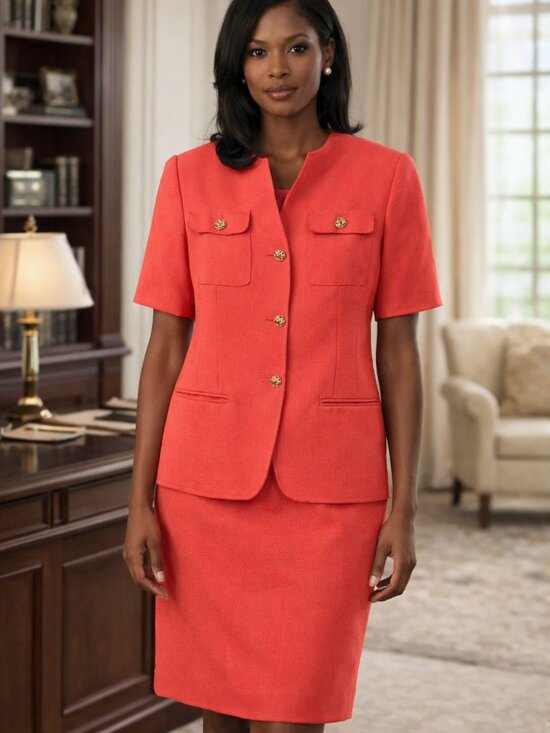 Kasper Jackets & Blazers - Kasper Coral-orange Short Sleeve Tailored Blazer And Skirt Set